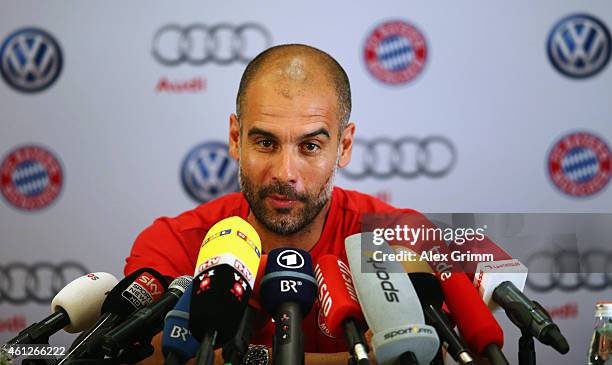 Head coach Pep Guardiola attends a press conference during day 2 of the Bayern Muenchen training camp at ASPIRE Academy for Sports Excellence on...