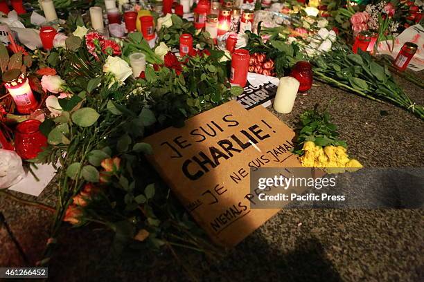 Flowers and candles were laid infront of the French Embassy for the victims of the Charlie Hebdo massacre in Paris.