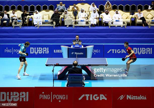Robert Gardos of Austria and Tiago Apolonia of Portugal play the semi final of the 2015 IFFT World Team Cup at the Al Nasr Stadium on January 10,...