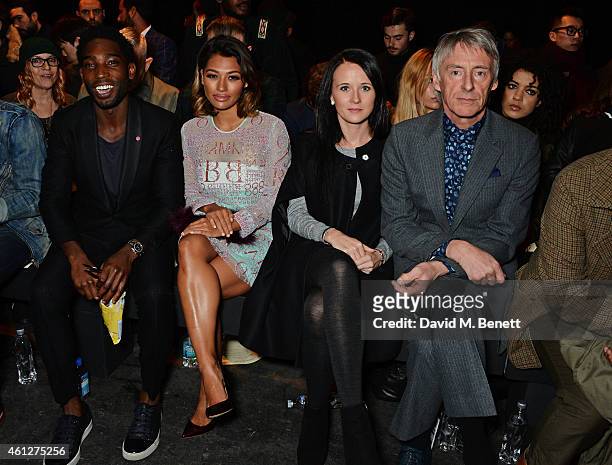 Tinie Tempah, Vanessa White, Hannah Andrews and Paul Weller attend the front row at the Oliver Spencer show during London Collections: Men AW15 at...
