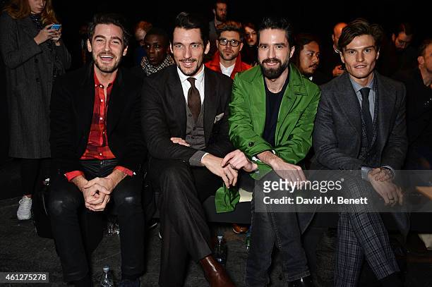 Robert Konjic, David Gandy, Jack Guinness and Oliver Cheshire attend the front row at the Oliver Spencer show during London Collections: Men AW15 at...