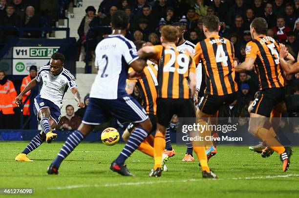 Saido Berahino of West Bromwich Albion scores their first goal from a free kick during the Barclays Premier League match between West Bromwich Albion...