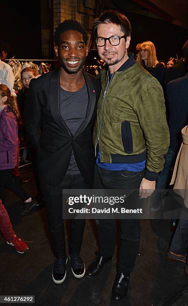 Tinie Tempah and Oliver Spencer attend the front row at the Oliver Spencer show during London Collections: Men AW15 at The Old Sorting Office on...