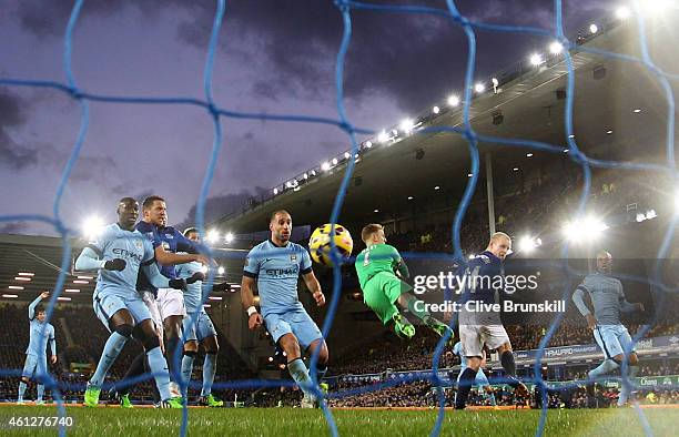 Steven Naismith of Everton scores a goal to level the scores at 1-1 during the Barclays Premier League match between Everton and Manchester City at...