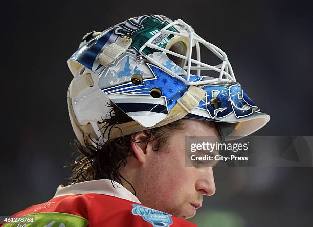 Tyler Beskorowany of the Duesseldorfer EG reacts during the game between Duesseldorfer EG and Koelner Haie on january 10, 2015 in Duesseldorf,...