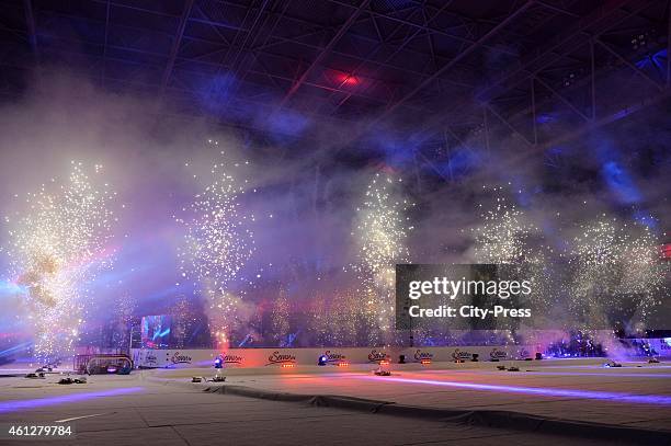 Fireworks are displayed during the game between Duesseldorfer EG and Koelner Haie on january 10, 2015 in Duesseldorf, Germany.