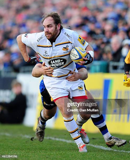 Andy Goode of Wasps is tackled by Ross Batty of Bath during the Aviva Premiership match between Bath Rugby and Wasps at The Recreation Ground on...