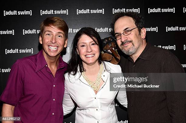 Actor Jack McBrayer, Cartoon Network, Adult Swim and Boomerang President and General Manager Christina Miller and actor Robert Smigel attend the 2015...