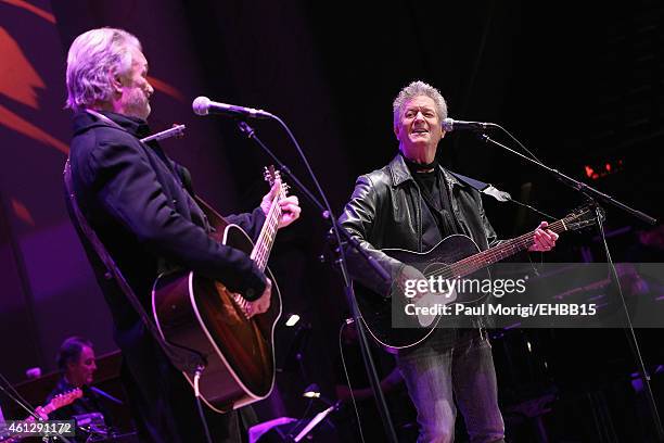 Kris Kristofferson and Rodney Crowell rehearse onstage for The Life & Songs of Emmylou Harris: An All Star Concert Celebration at DAR Constitution...