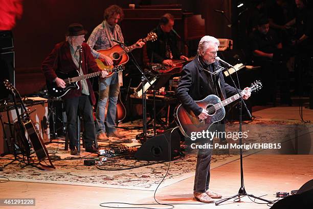 Kris Kristofferson rehearses onstage for The Life & Songs of Emmylou Harris: An All Star Concert Celebration at DAR Constitution Hall on January 10,...