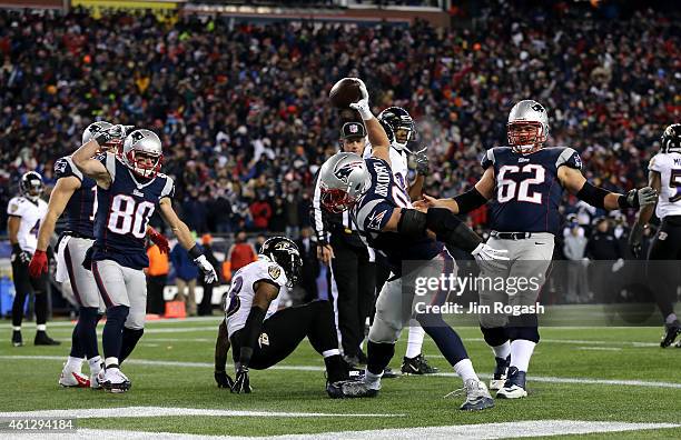 Rob Gronkowski of the New England Patriots reacts after scoring a touchdown during the third quarter of the 2015 AFC Divisional Playoffs game against...