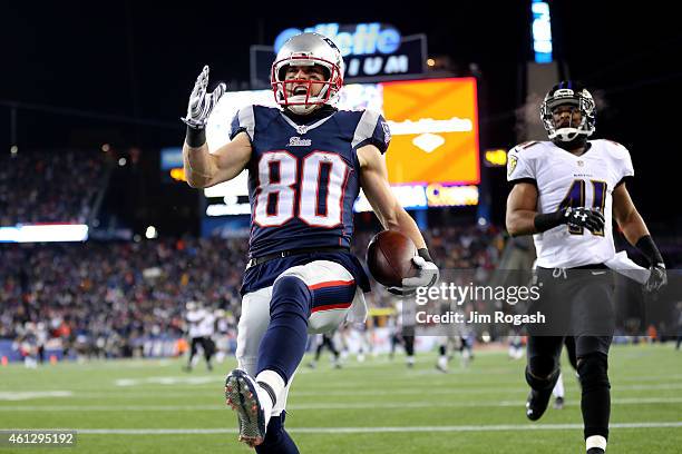 Danny Amendola of the New England Patriots scores a touchdown in the third quarter against the Baltimore Ravens during the 2015 AFC Divisional...