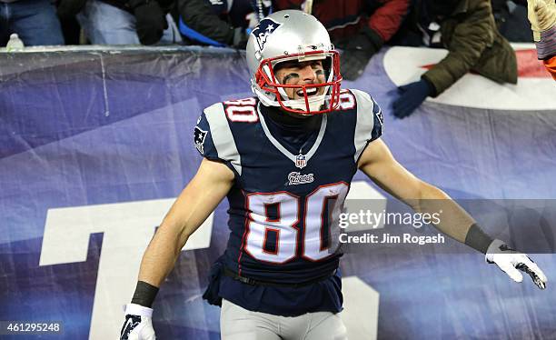 Danny Amendola of the New England Patriots celebrates after scoring a touchdown in the third quarter against the Baltimore Ravens during the 2015 AFC...