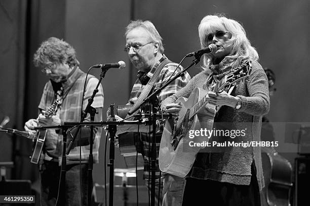 Sam Bush, Herb Pedersen and EmmyLou Harris rehearse onstage for The Life & Songs of Emmylou Harris: An All Star Concert Celebration at DAR...