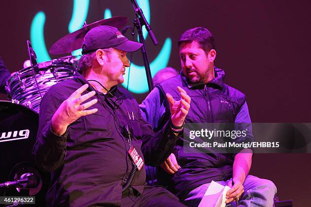 Conor McAnally and Keith Wortman converse during rehearsals for The Life & Songs of Emmylou Harris: An All Star Concert Celebration at DAR...