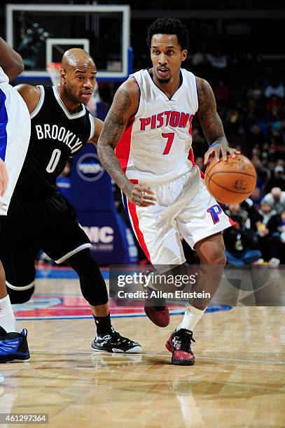 Brandon Jennings of the Detroit Pistons drives to the basket against the Brooklyn Nets during the game on January 10, 2015 at The Palace of Auburn...