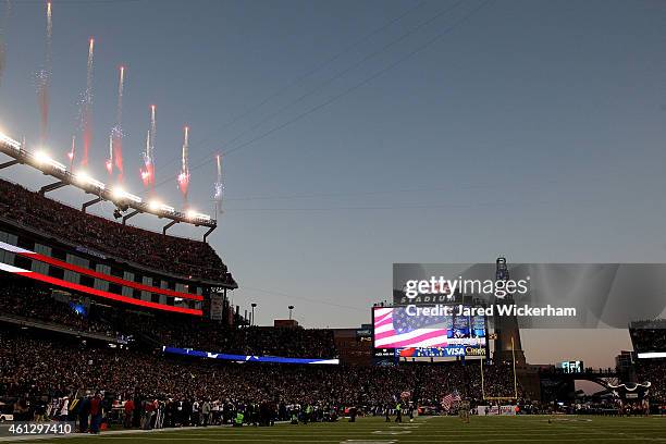 General view of the field as fireworks go off at the start of the 2015 AFC Divisional Playoffs game between the New England Patriots and the...