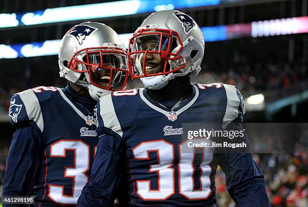 Duron Harmon of the New England Patriots reacts after intercepting a pass late in the game during the 2015 AFC Divisional Playoffs game against the...