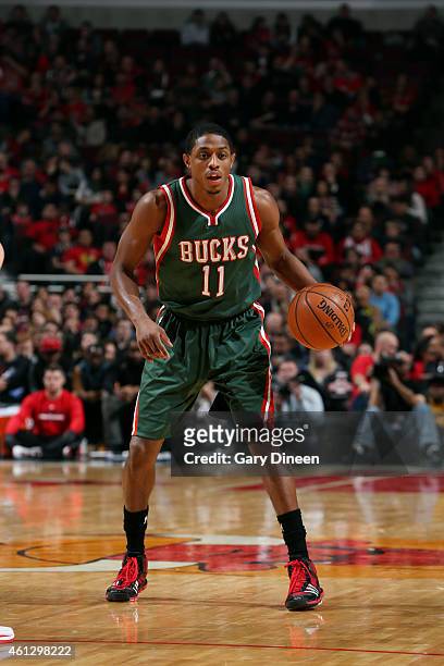 Brandon Knight of the Milwaukee Bucks handles the ball against the Chicago Bulls on January 10, 2015 at the United Center in Chicago, Illinois. NOTE...