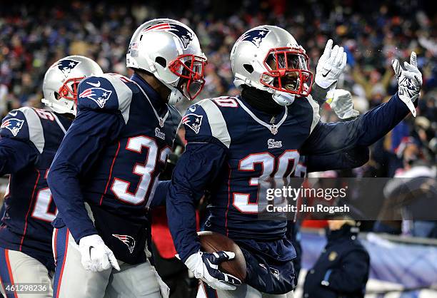 Duron Harmon of the New England Patriots reacts after intercepting a pass to end the game during the 2015 AFC Divisional Playoffs game against the...