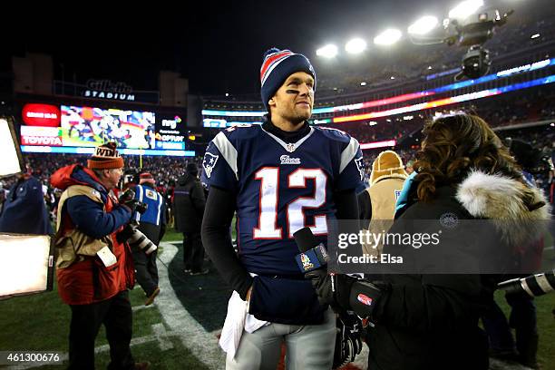 Tom Brady of the New England Patriots speaks to media after defeating the Baltimore Ravens during the 2015 AFC Divisional Playoffs game at Gillette...