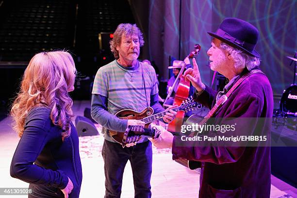 Lee Ann Womack, Sam Bush and Buddy Miller rehearse onstage for The Life & Songs of Emmylou Harris: An All Star Concert Celebration at DAR...