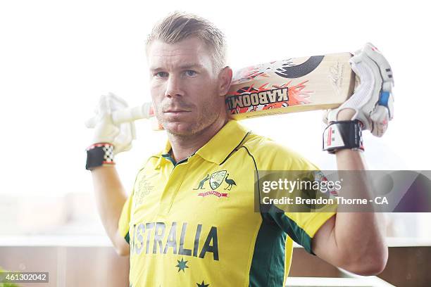 David Warner poses during the Australian 2015 Cricket World Cup squad announcement at the Museum of Contemporary Art on January 11, 2015 in Sydney,...