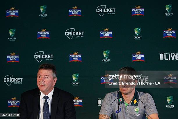 Rod Marsh and Michael Clarke addresses the media during the Australian 2015 Cricket World Cup squad announcement at the Museum of Contemporary Art on...