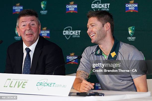 Rod Marsh and Michael Clarke addresses the media during the Australian 2015 Cricket World Cup squad announcement at the Museum of Contemporary Art on...