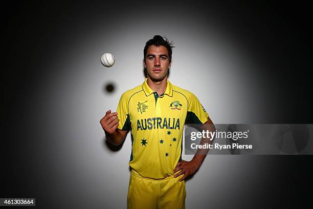 Pat Cummins of Australia poses during the Australian 2015 Cricket World Cup squad announcement at Museum of Contemporary Art on January 11, 2015 in...