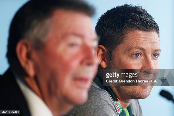 Michael Clarke addresses the media during the Australian 2015 Cricket World Cup squad announcement at the Museum of Contemporary Art on January 11,...