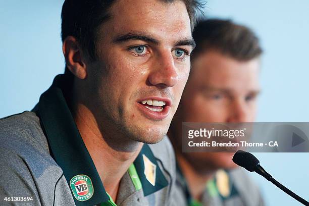Pat Cummins addresses the media during the Australian 2015 Cricket World Cup squad announcement at the Museum of Contemporary Art on January 11, 2015...