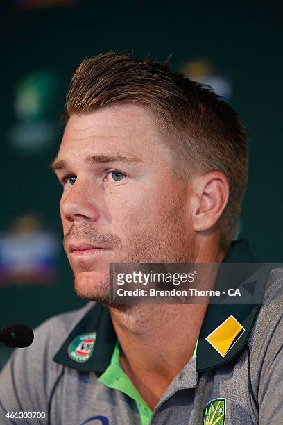 David Warner addresses the media during the Australian 2015 Cricket World Cup squad announcement at the Museum of Contemporary Art on January 11,...