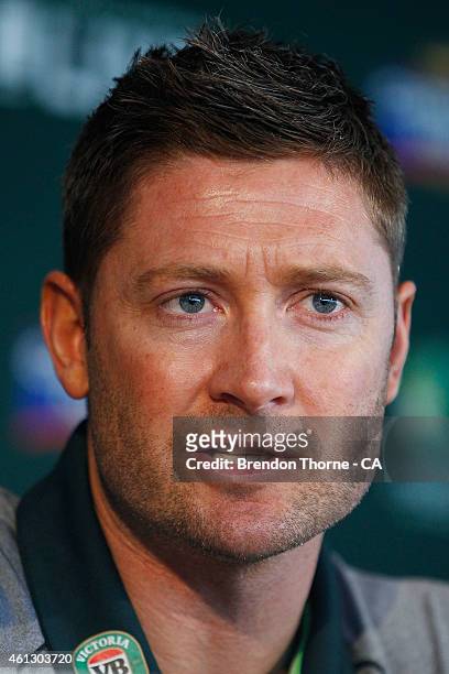 Michael Clarke addresses the media during the Australian 2015 Cricket World Cup squad announcement at the Museum of Contemporary Art on January 11,...
