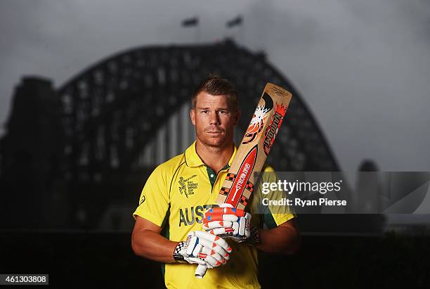 David Warner of Australia poses during the Australian 2015 Cricket World Cup squad announcement at Museum of Contemporary Art on January 11, 2015 in...