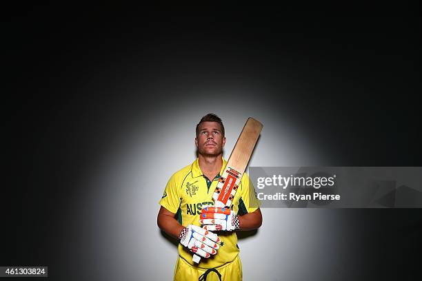 David Warner of Australia poses during the Australian 2015 Cricket World Cup squad announcement at Museum of Contemporary Art on January 11, 2015 in...