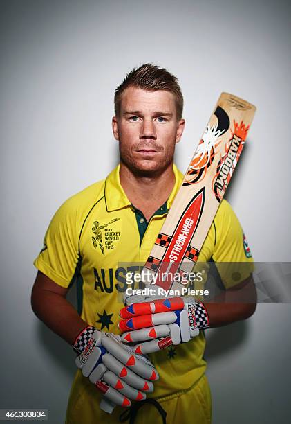 David Warner of Australia poses during the Australian 2015 Cricket World Cup squad announcement at Museum of Contemporary Art on January 11, 2015 in...