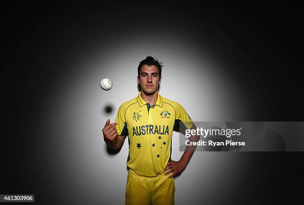 Pat Cummins of Australia poses during the Australian 2015 Cricket World Cup squad announcement at Museum of Contemporary Art on January 11, 2015 in...