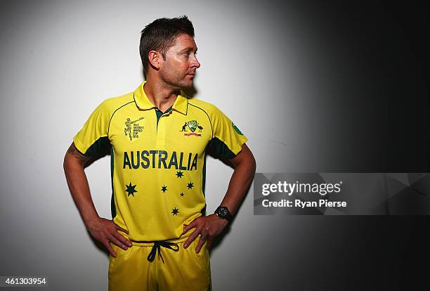 Michael Clarke of Australia poses during the Australian 2015 Cricket World Cup squad announcement at Museum of Contemporary Art on January 11, 2015...