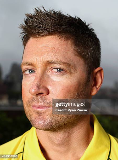 Michael Clarke of Australia poses during the Australian 2015 Cricket World Cup squad announcement at Museum of Contemporary Art on January 11, 2015...