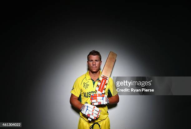 David Warner of Australia poses during the Australian 2015 Cricket World Cup squad announcement at Museum of Contemporary Art on January 11, 2015 in...