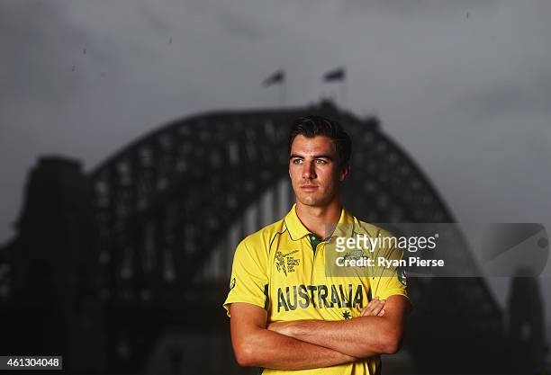 Pat Cummins of Australia poses during the Australian 2015 Cricket World Cup squad announcement at Museum of Contemporary Art on January 11, 2015 in...