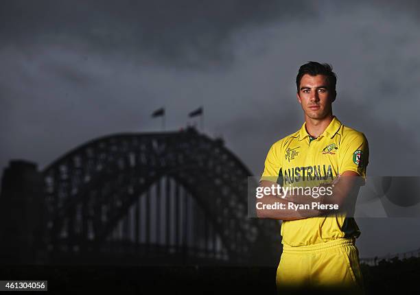 Pat Cummins of Australia poses during the Australian 2015 Cricket World Cup squad announcement at Museum of Contemporary Art on January 11, 2015 in...