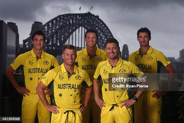 Pat Cummins, David Warner, Josh Hazlewood, Michael Clarke and Mitchell Starc of Australia pose during the Australian 2015 Cricket World Cup squad...