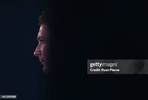 Michael Clarke of Australia speaks to the media during the Australian 2015 Cricket World Cup squad announcement at Museum of Contemporary Art on...