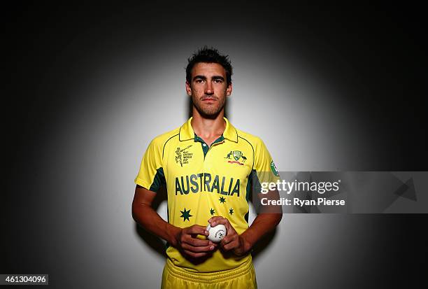 Mitchell Starc of Australia poses during the Australian 2015 Cricket World Cup squad announcement at Museum of Contemporary Art on January 11, 2015...