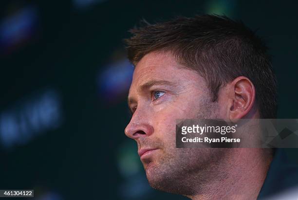 Michael Clarke of Australia speaks to the media during the Australian 2015 Cricket World Cup squad announcement at Museum of Contemporary Art on...