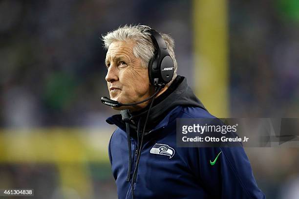 Head coach Pete Carroll of the Seattle Seahawks looks on against the Carolina Panthers in the first half during the 2015 NFC Divisional Playoff game...