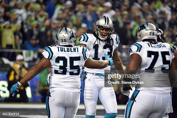 Kelvin Benjamin of the Carolina Panthers celebrates after scoring a 7 yard touchdown pass from Cam Newton in the second quarter against Tharold Simon...