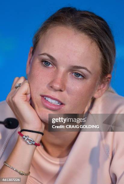 Caroline Wozniacki of Denmark speaks during a press conference on day one of the Sydney International tennis tournament in Sydney on January 11,...